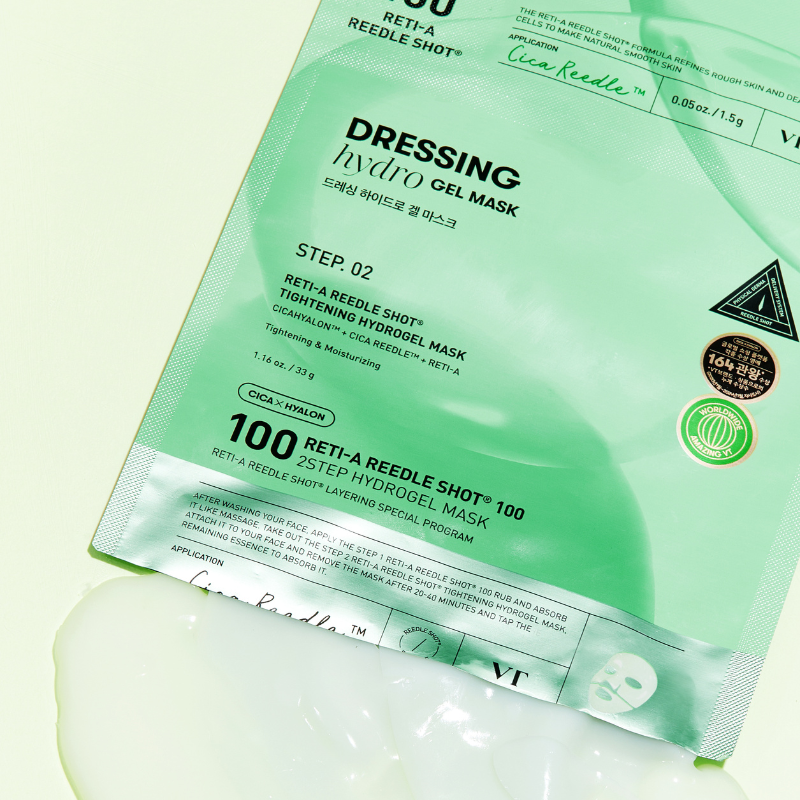 Green hydrogel mask packaging with text on a light green background